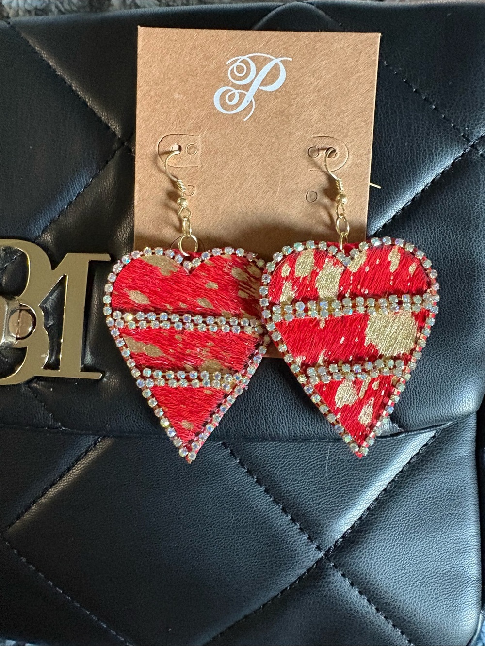 Plunder Red and Gold Heart Drop Earrings with Rhinestone Bands